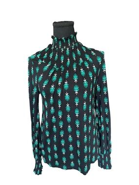 Boden Smocked Mock Neck Floral Print Blouse Black Teal Long Sleeve US 2 E213